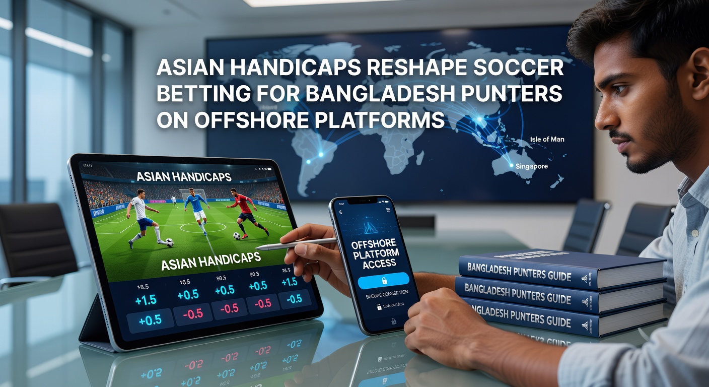 Soccer match with overlaid Asian handicap betting lines displayed on a digital screen, highlighting quarter lines and odds adjustments for Bangladesh bettors