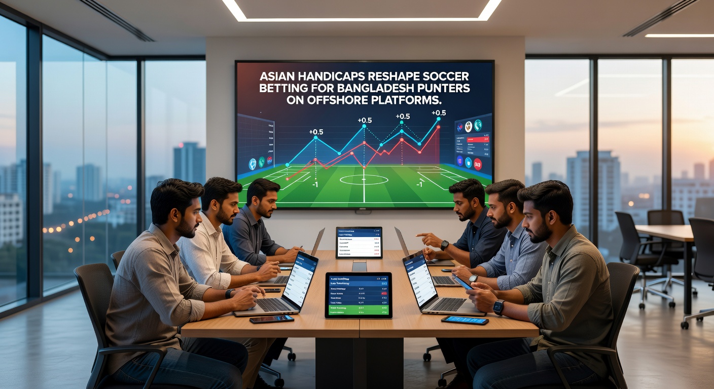 Bangladesh punter analyzing Asian handicap odds on an offshore betting app during a live Premier League match, with charts showing line movements and payout potentials