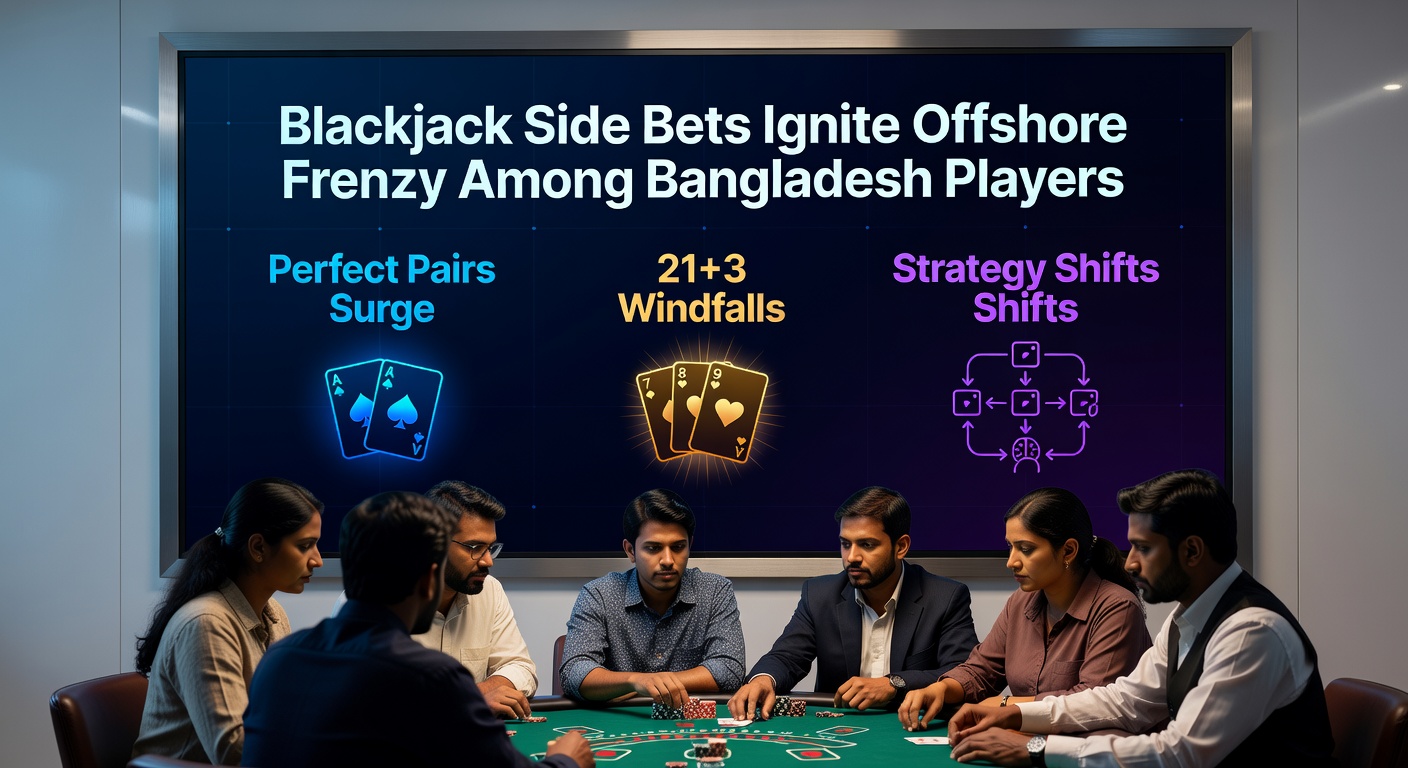Vibrant blackjack table with highlighted side bet options like Perfect Pairs and 21+3 amid a crowd of engaged offshore players