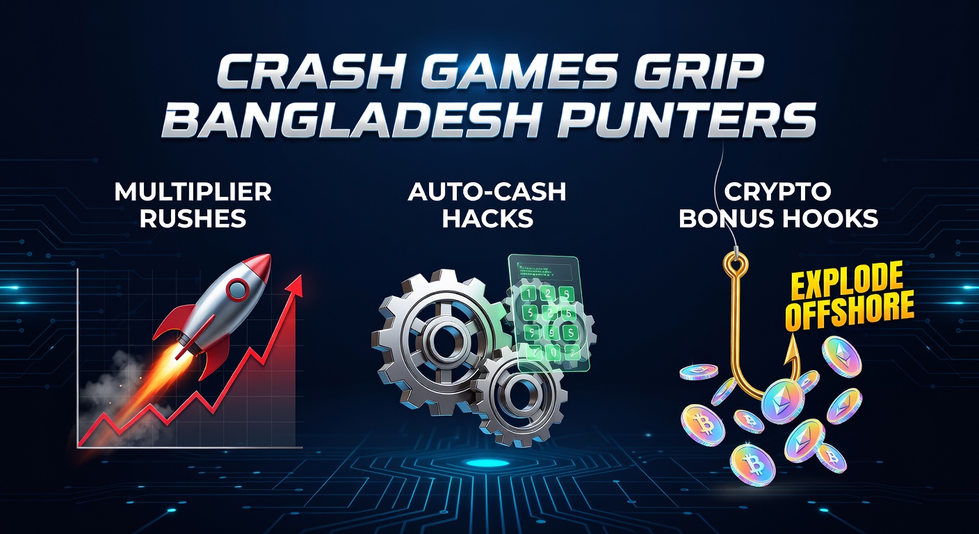 Vibrant digital crash game interface showing rising multiplier graph with crypto wallet icons and Bangladesh flag overlay, capturing the thrill of offshore betting action