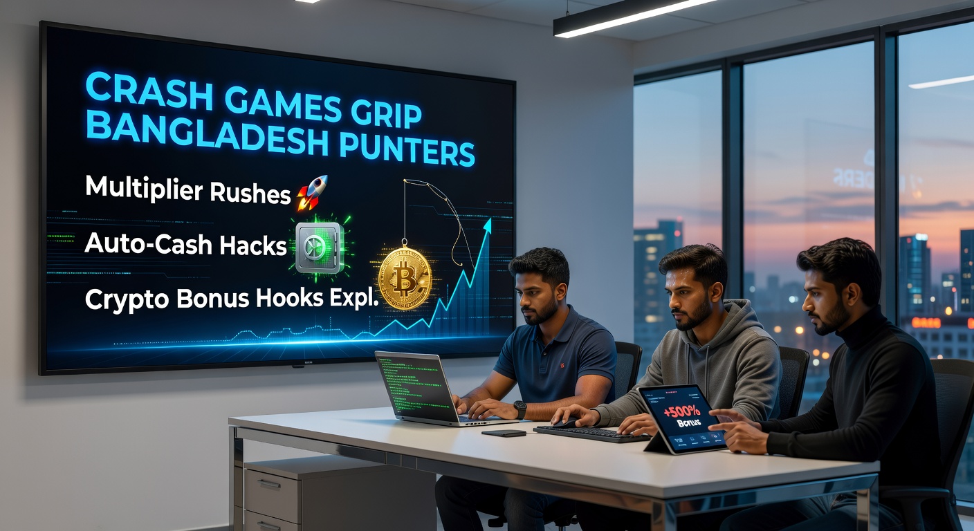 Close-up of a mobile phone screen displaying a crash game multiplier at 15x with auto-cashout settings active, crypto deposit prompt visible, and player chat exploding with Bangladesh punter reactions