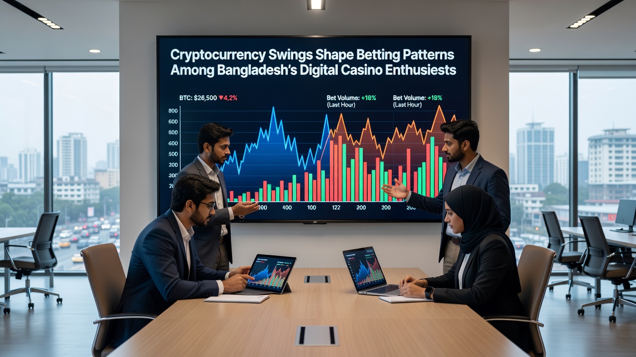 Group of digital devices displaying cryptocurrency trading apps alongside casino game interfaces popular in Bangladesh