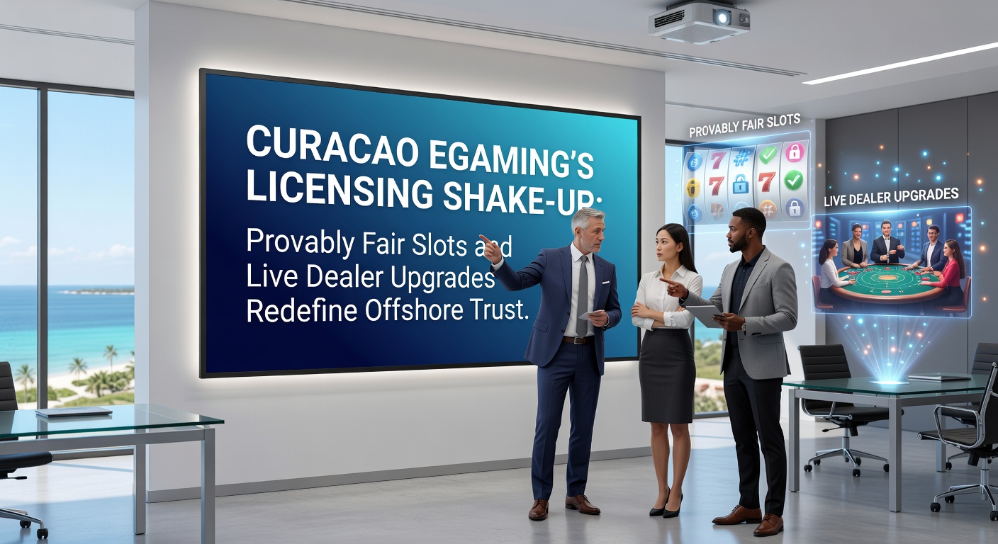 Curacao eGaming headquarters with licensing documents and digital fairness icons overlay