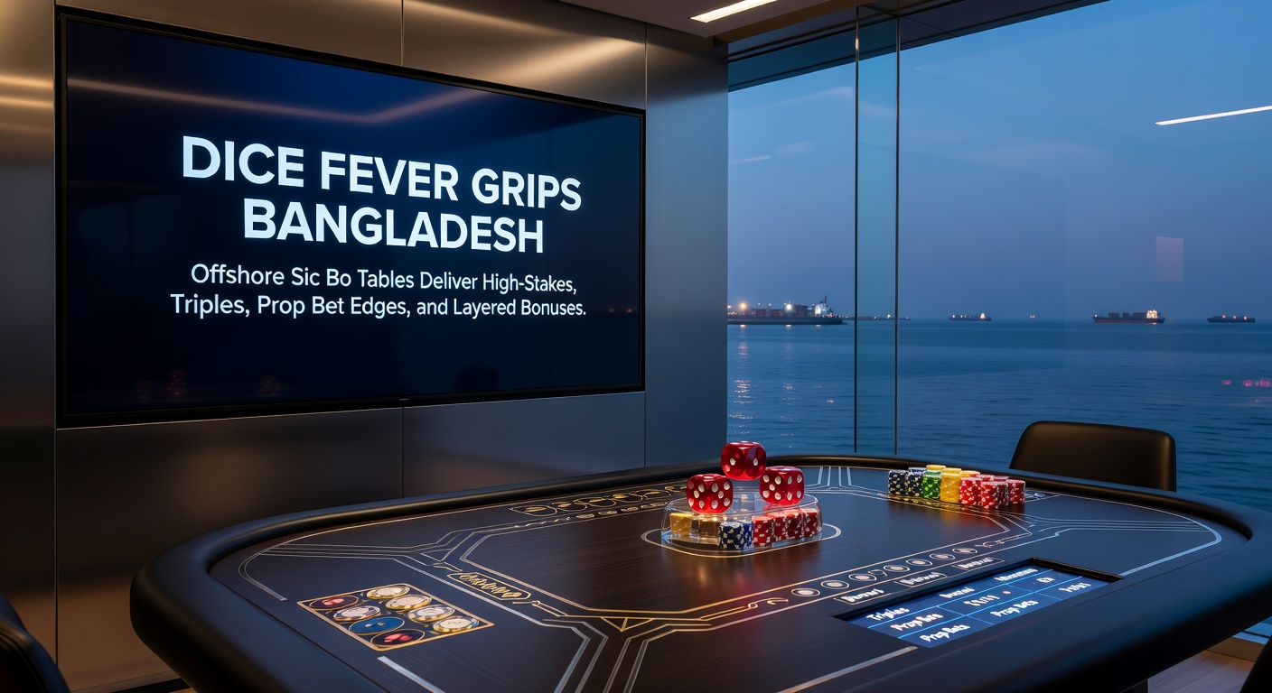 Vibrant Sic Bo table with three dice showing triples, surrounded by excited offshore casino players from Bangladesh betting high stakes