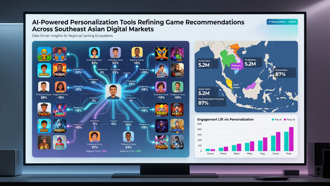 Southeast Asian gamers interacting with AI-curated game libraries on tablets and smartphones