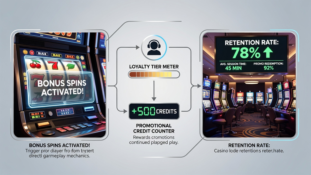 Close-up view of a slot machine screen displaying a promotional free spins bonus tied to the current game volatility