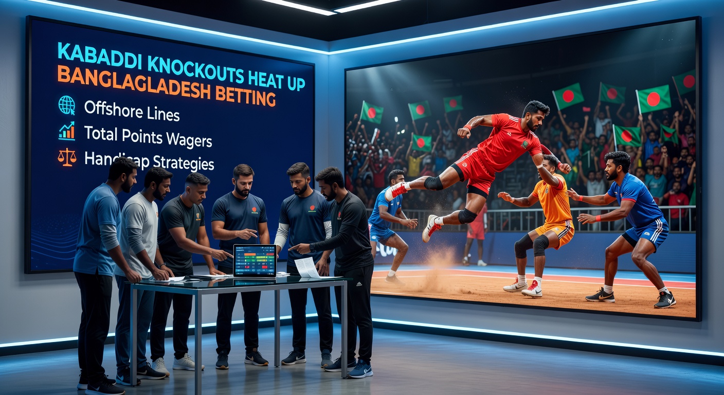 Dynamic kabaddi match in progress with raiders dodging defenders under floodlights, capturing the intensity of Bangladesh knockout tournaments