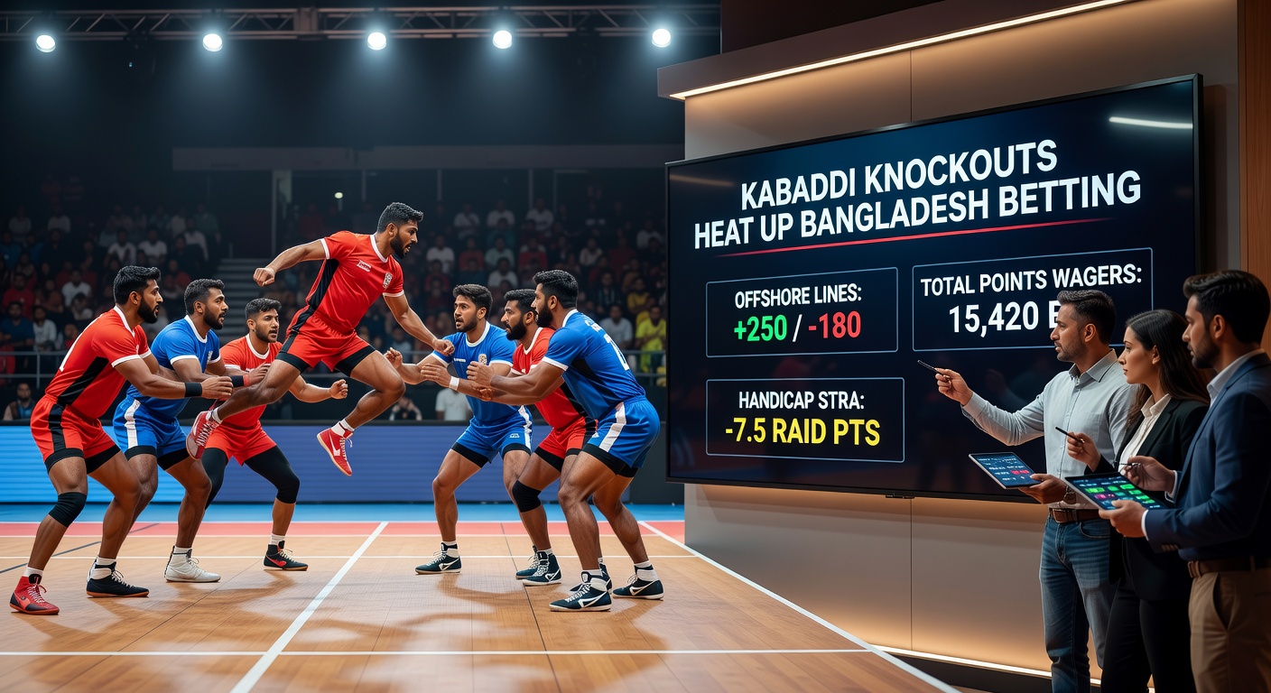 Punters huddled around screens analyzing kabaddi stats, with offshore betting interfaces displaying live odds and totals for Bangladesh knockout action