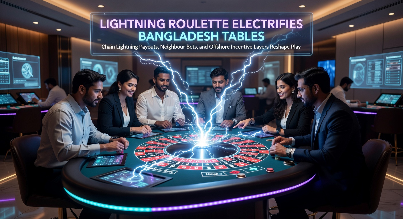 Dynamic Lightning Roulette table with glowing multipliers striking numbers during a live round, captivating players on offshore platforms popular in Bangladesh