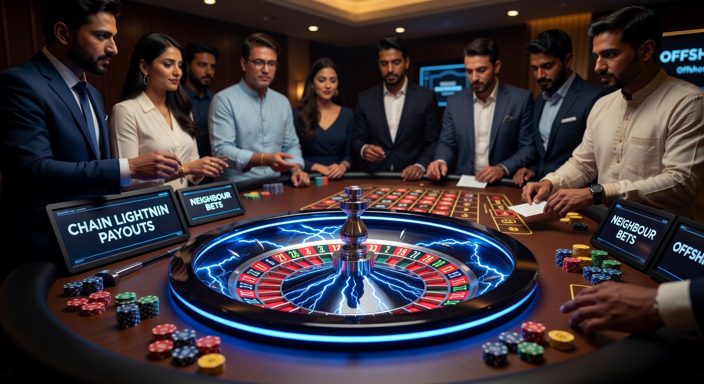 Close-up of a Lightning Roulette wheel with neighbour bet layout highlighted, multipliers glowing blue on chained numbers amid live dealer action