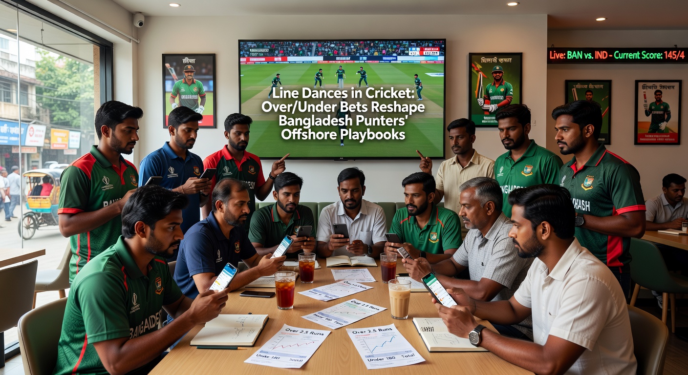 Cricket players in action during an intense match, with betting lines overlayed on the scoreboard showing over/under totals for runs