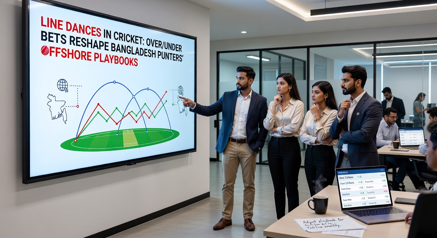 Bangladesh cricket fans huddled around mobile screens, analyzing live over/under betting lines during a high-stakes T20 match
