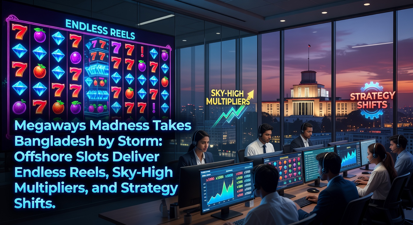 Vibrant Megaways slot screen showing cascading reels with up to 117,649 ways to win and glowing multiplier trails on an offshore casino platform popular in Bangladesh