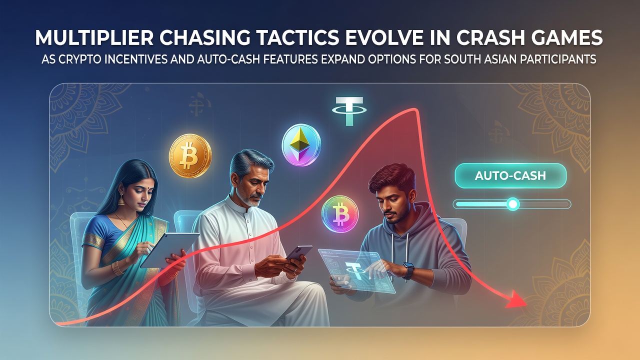 South Asian players engaging with crash game interfaces on mobile devices showing multiplier graphs and auto-cash settings