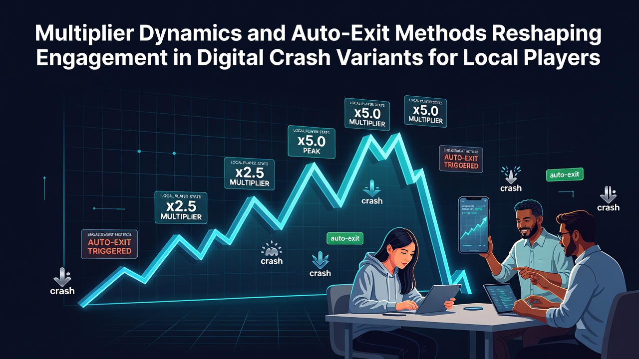 Players engaging with crash game interfaces showing multiplier curves and auto-exit settings on digital platforms