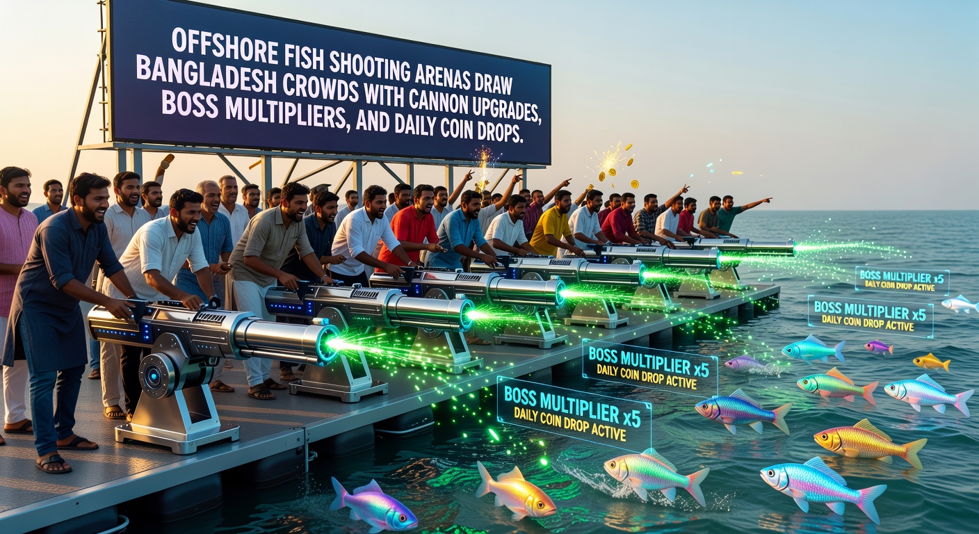 Vibrant underwater scene from an offshore fish shooting game, featuring players aiming upgraded cannons at swarms of colorful fish adn massive boss creatures