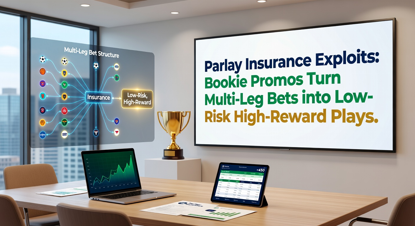 Digital graphic showing a multi-leg parlay bet structure with insurance promo overlay, highlighting low-risk paths to payouts