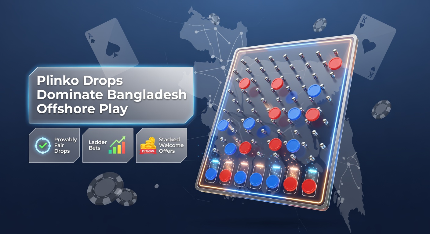 Vibrant Plinko board with cascading chips in a digital offshore casino interface, highlighting risk levels and multipliers for Bangladesh players