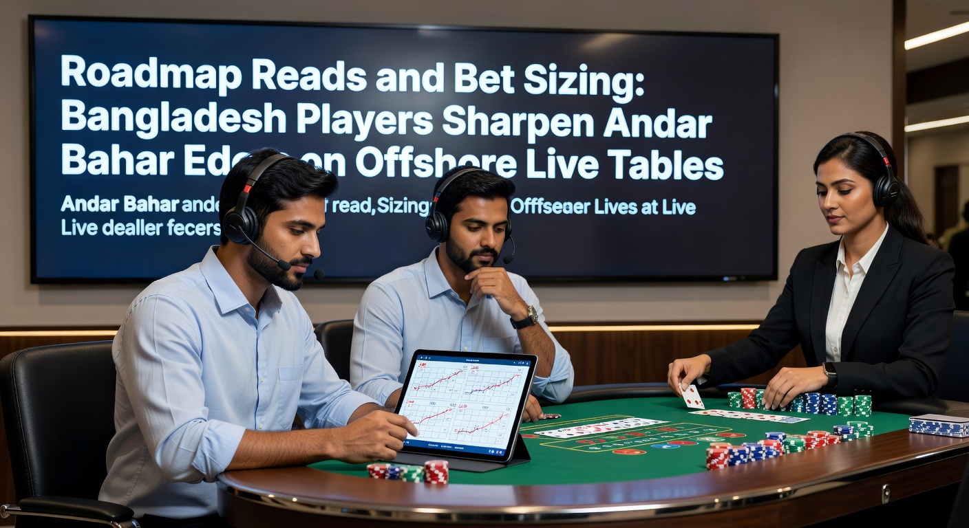 Bangladesh players analyzing Andar Bahar roadmaps on offshore live dealer screens, highlighting bet sizing patterns and game edges