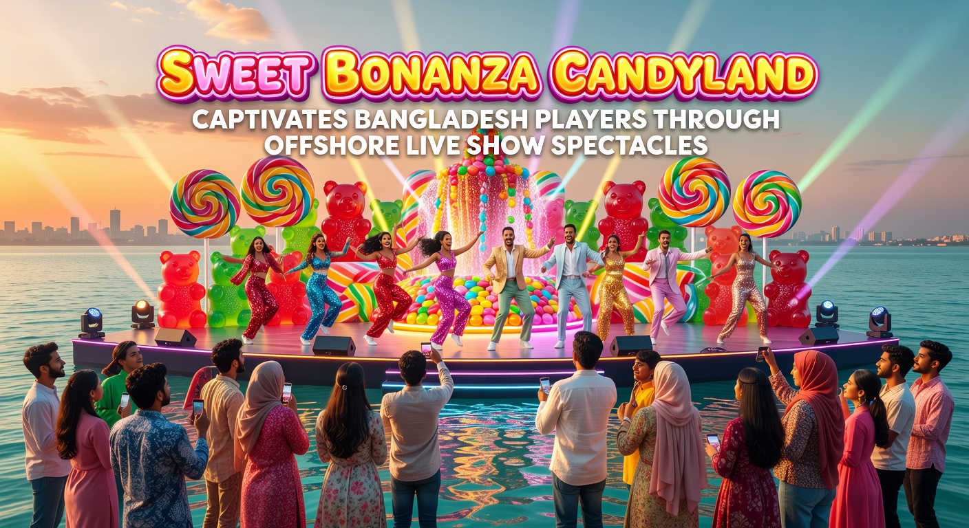 Vibrant Sweet Bonanza Candyland live wheel spinning with candy-themed segments and excited hosts under colorful studio lights