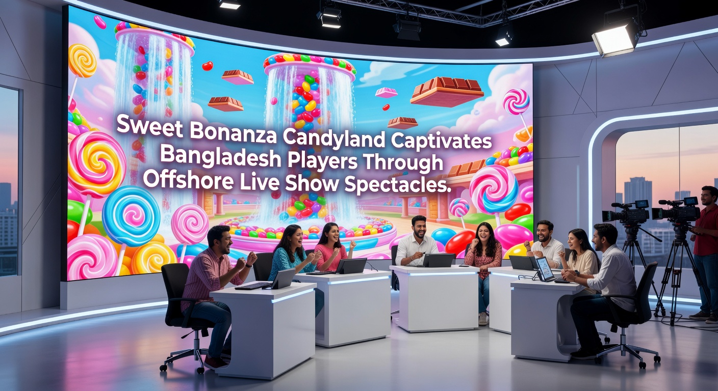 Bangladesh player interface on mobile showing Sweet Bonanza Candyland bet slip, live chat buzzing, and recent multiplier win popping in neon colors