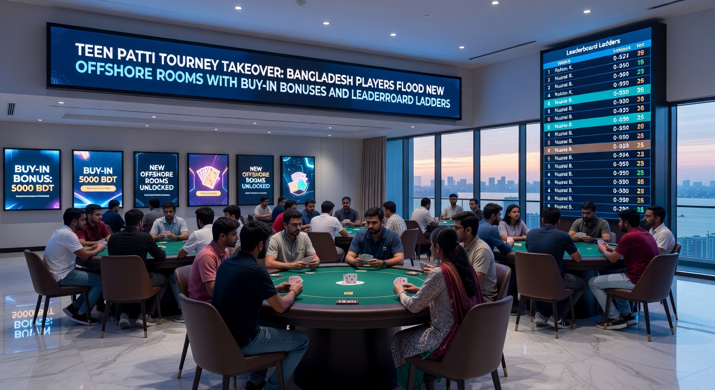 Vibrant online Teen Patti tournament interface showing players from Bangladesh competing on leaderboards amid flashing bonus notifications