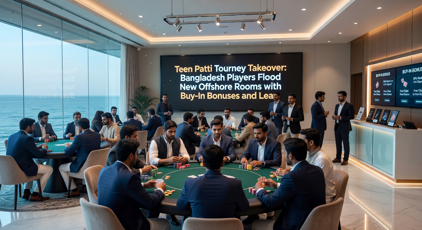 Bangladeshi players celebrating a Teen Patti leaderboard win on an offshore platform, with bonus codes and crypto payouts highlighted