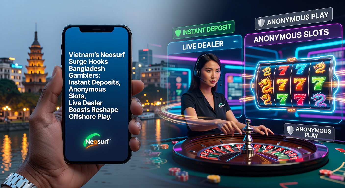 Vibrant illustration of Neosurf vouchers transforming into digital casino chips amid Bangladesh and Vietnam flags